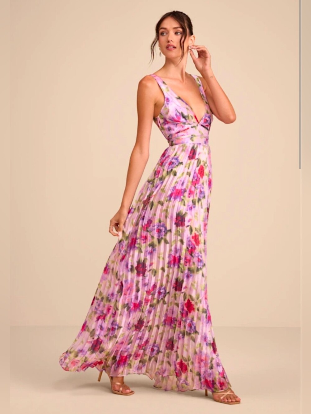 Lulu's Morgana Pink Multi Floral Satin Pleated Maxi Dress